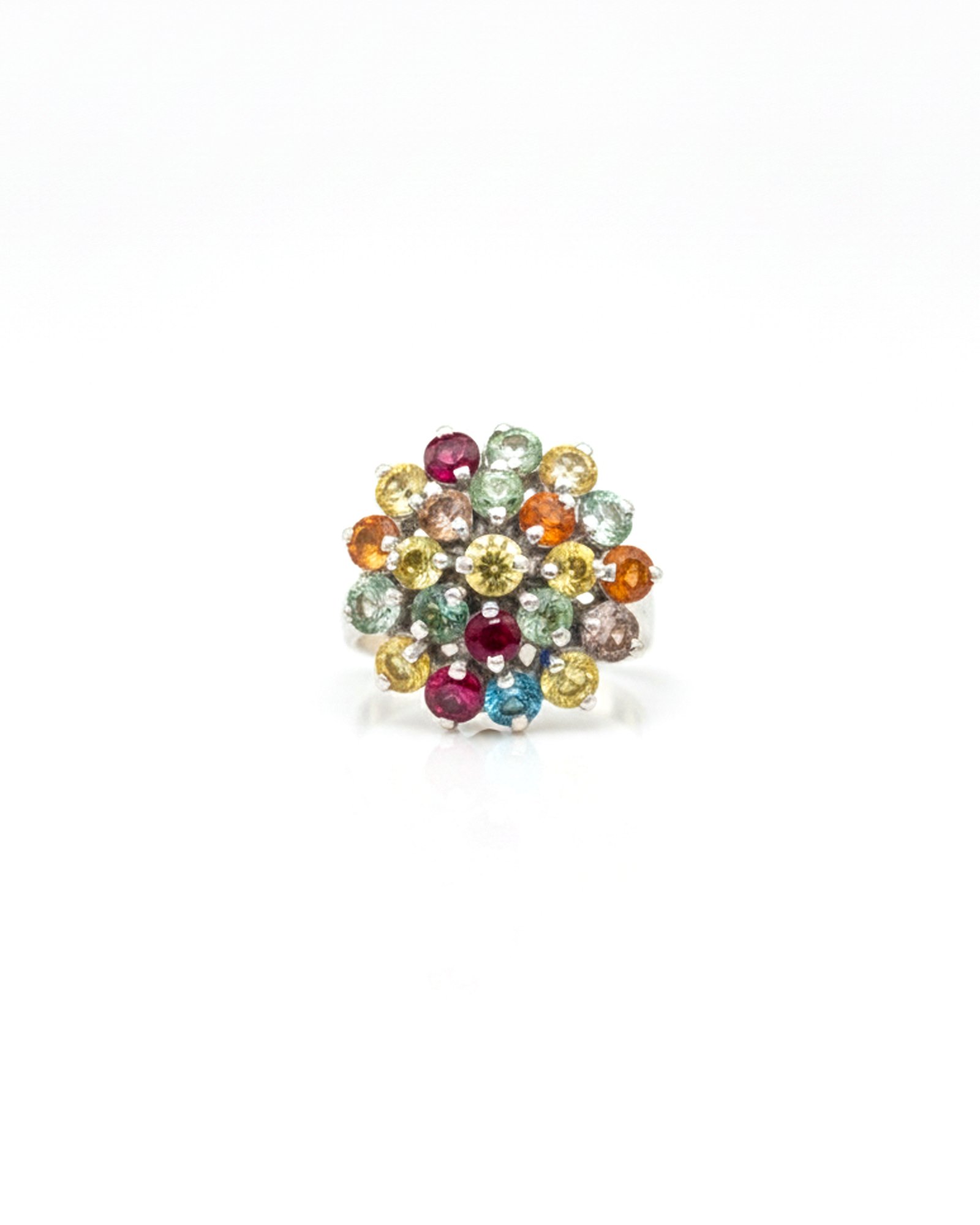 925 Silver Multi-Color Sapphire Ring – Front View, Domed Floral Cluster Design
