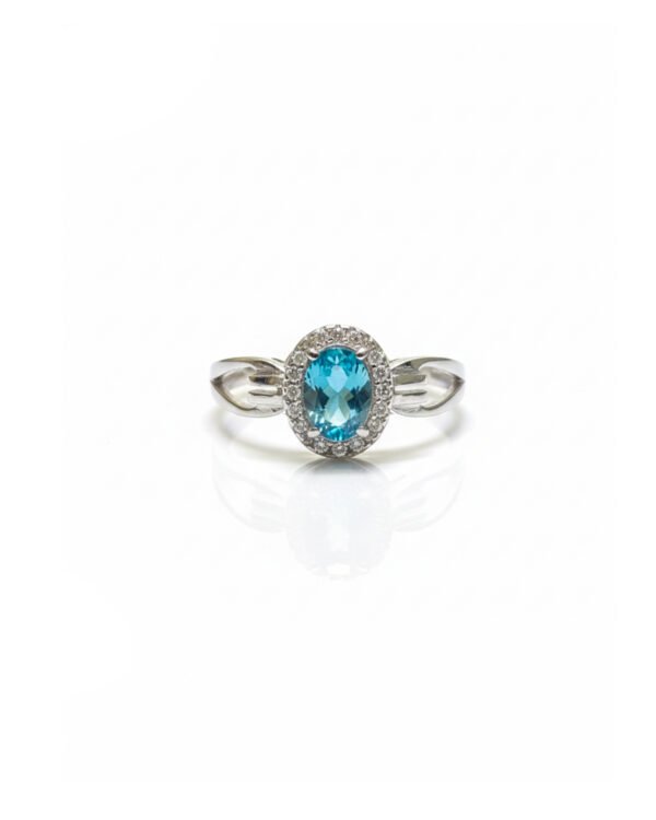 925 Silver Oval Blue Topaz Halo Ring Front View - Split Shank Design