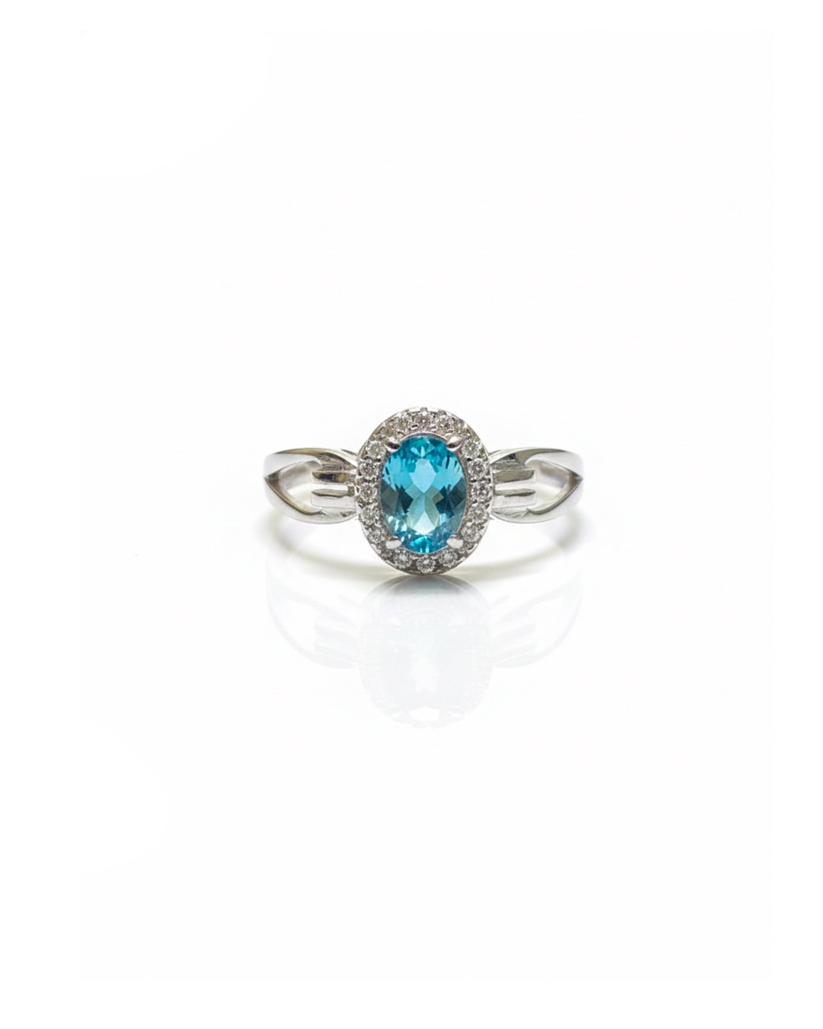 925 Silver Oval Blue Topaz Halo Ring Front View - Split Shank Design