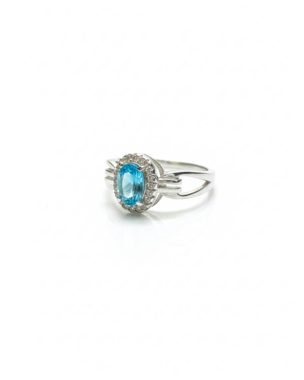 925 Silver Oval Blue Topaz Halo Ring Side View - Split Shank Design