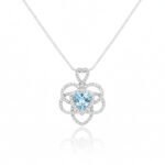 Triangle Swiss Blue Topaz and White Topaz filigree pendant with chain in 925 sterling silver, vintage romantic design