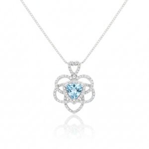 Triangle Swiss Blue Topaz and White Topaz filigree pendant with chain in 925 sterling silver, vintage romantic design