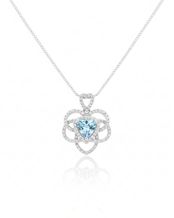 Triangle Swiss Blue Topaz and White Topaz filigree pendant with chain in 925 sterling silver, vintage romantic design