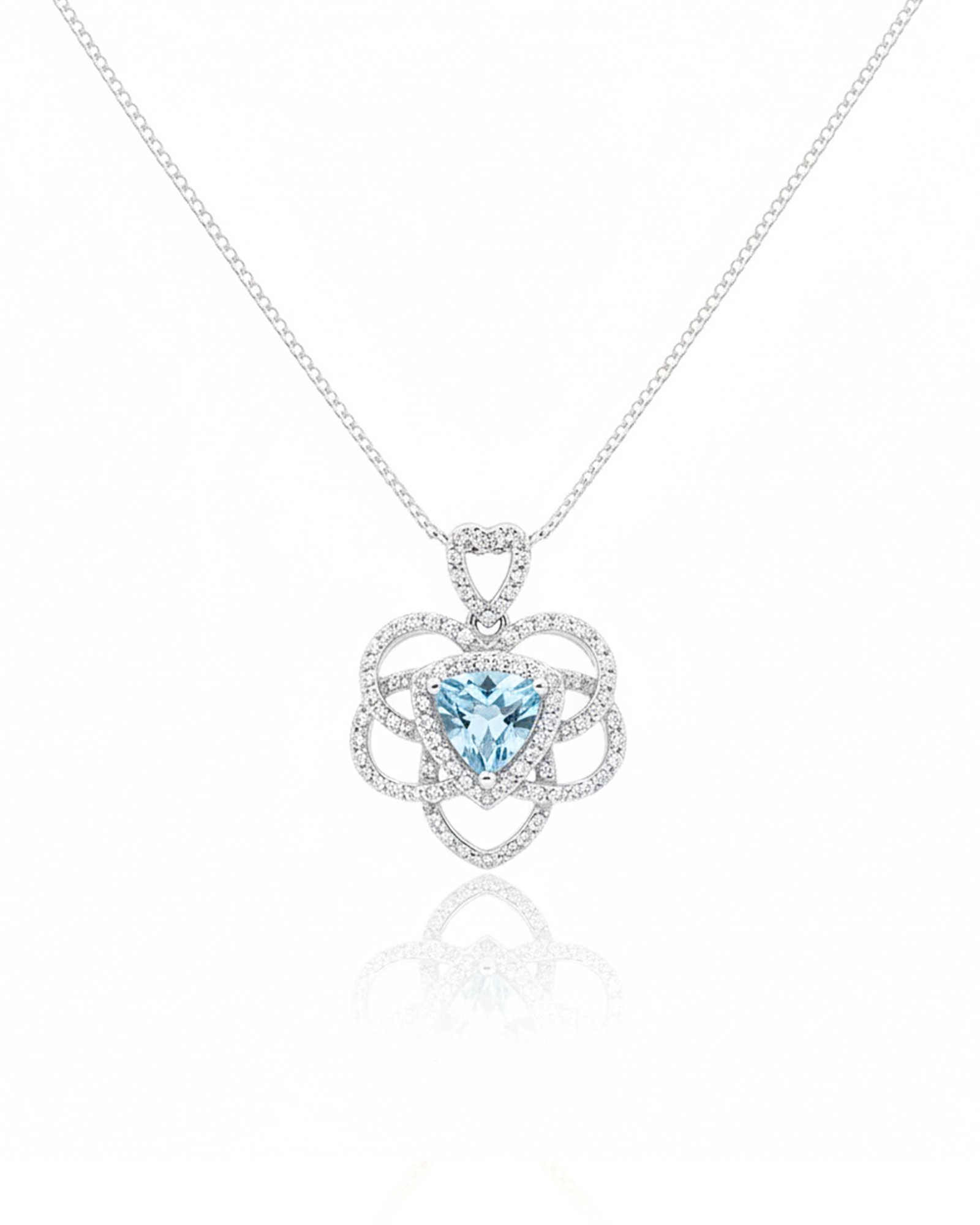 Triangle Swiss Blue Topaz and White Topaz filigree pendant with chain in 925 sterling silver, vintage romantic design