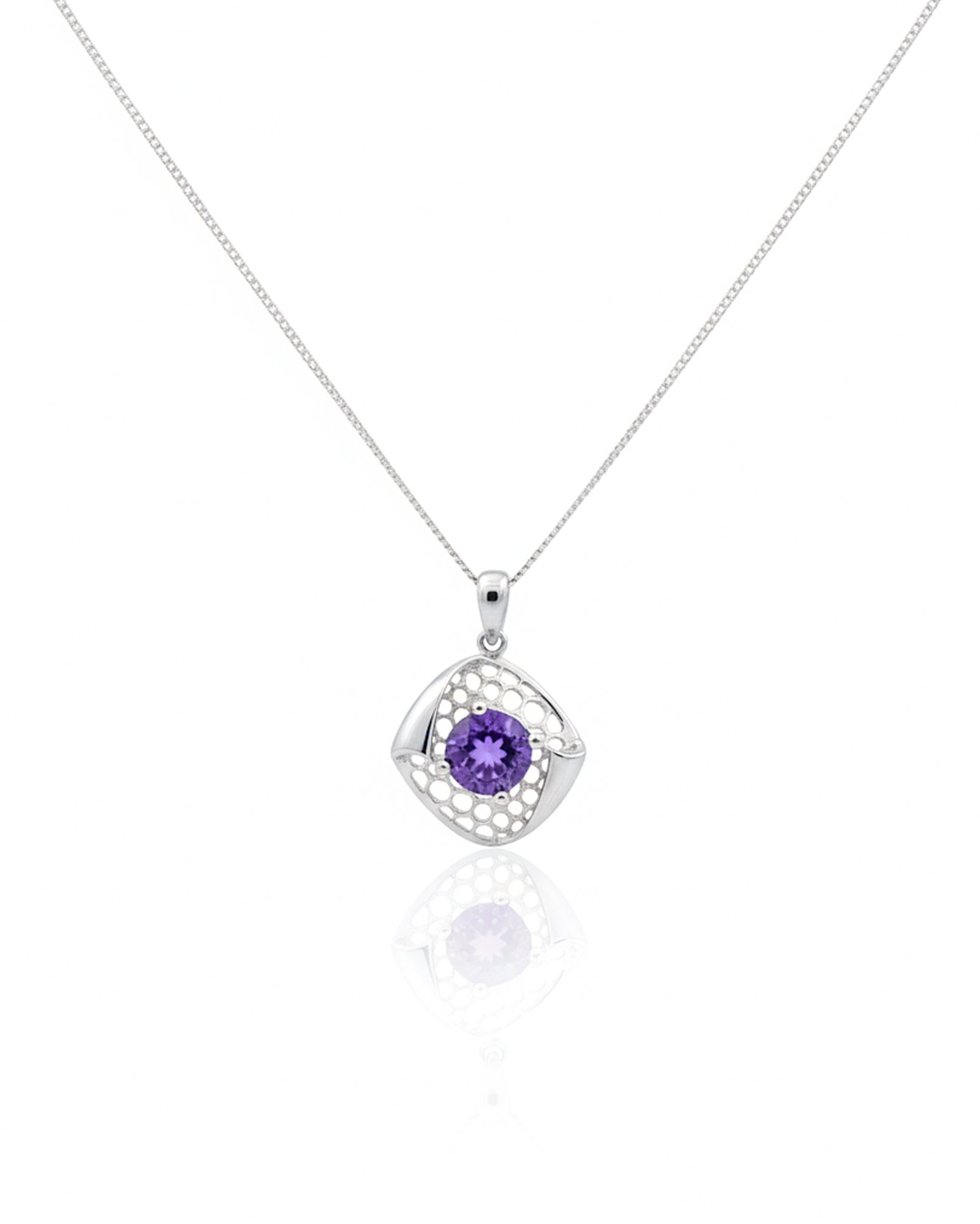 Front view of Geometric Glow 925 sterling silver amethyst pendant necklace with honeycomb geometric openwork design L66667