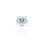Triangle Swiss blue topaz and white topaz ring in 925 sterling silver with vintage filigree design