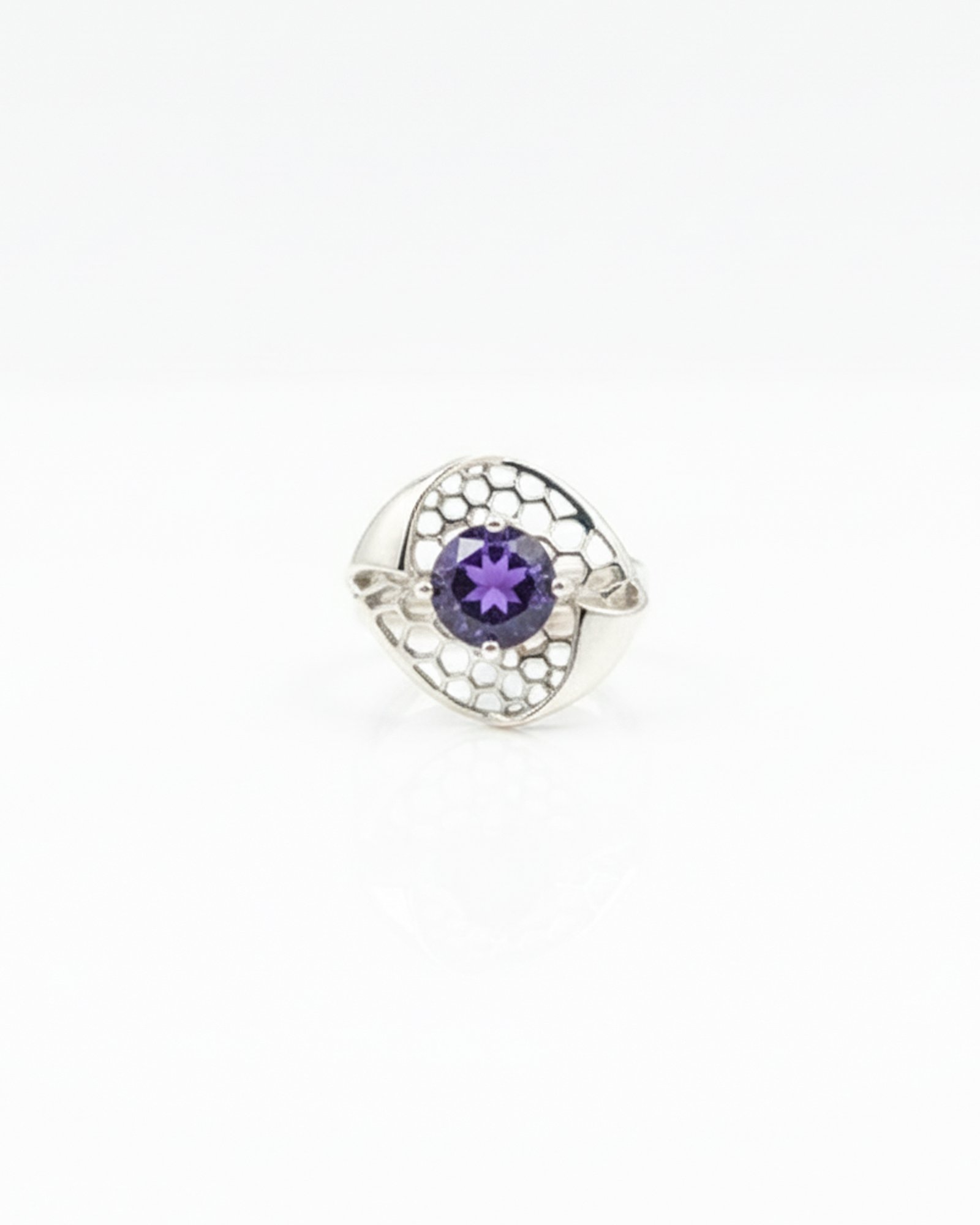 Front view of Honeycomb Harmony 925 sterling silver amethyst ring with geometric honeycomb openwork design L66665