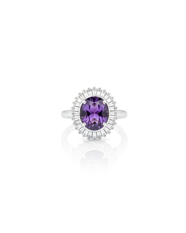 Front view of Deco Radiant 925 sterling silver oval amethyst ring with Art Deco baguette American diamond halo L66664