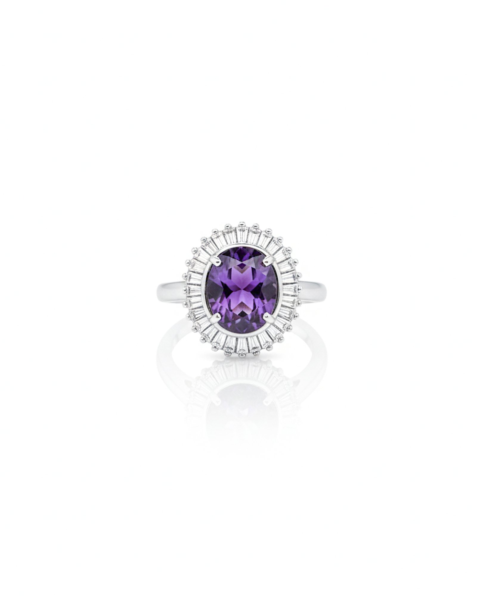 Front view of Deco Radiant 925 sterling silver oval amethyst ring with Art Deco baguette American diamond halo L66664