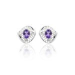 Front view of Geometric Glow 925 sterling silver amethyst stud earrings with honeycomb openwork design L66666