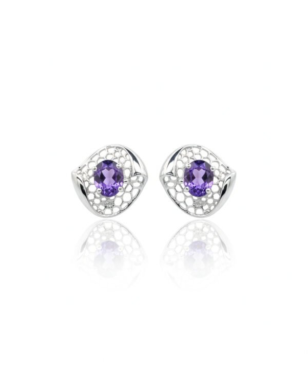 Front view of Geometric Glow 925 sterling silver amethyst stud earrings with honeycomb openwork design L66666