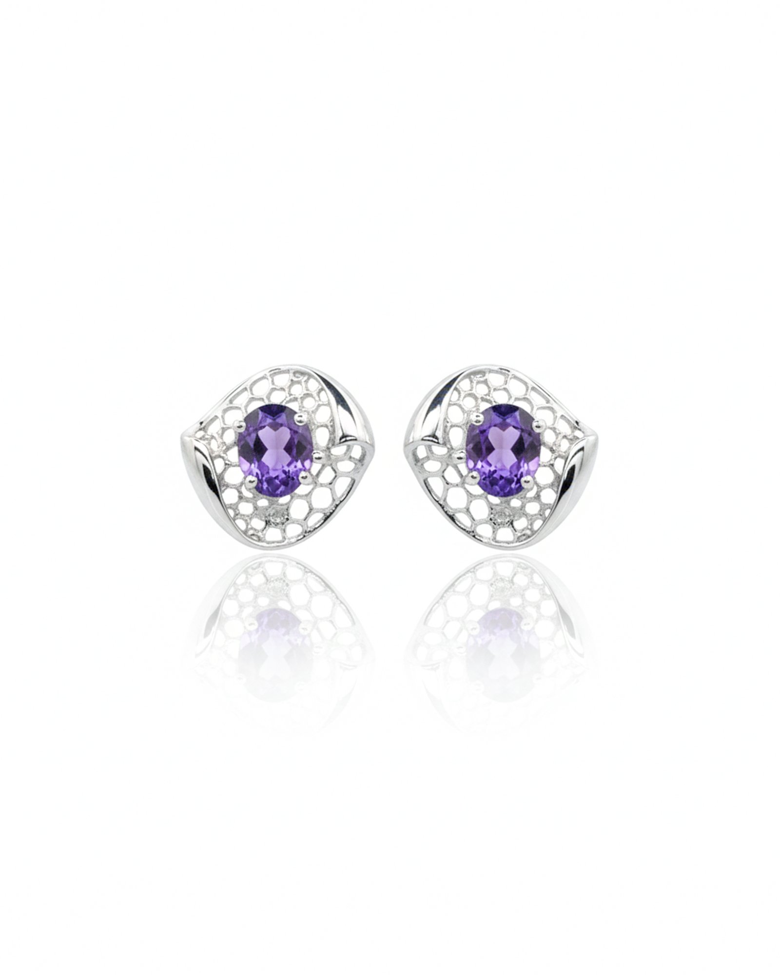 Front view of Geometric Glow 925 sterling silver amethyst stud earrings with honeycomb openwork design L66666